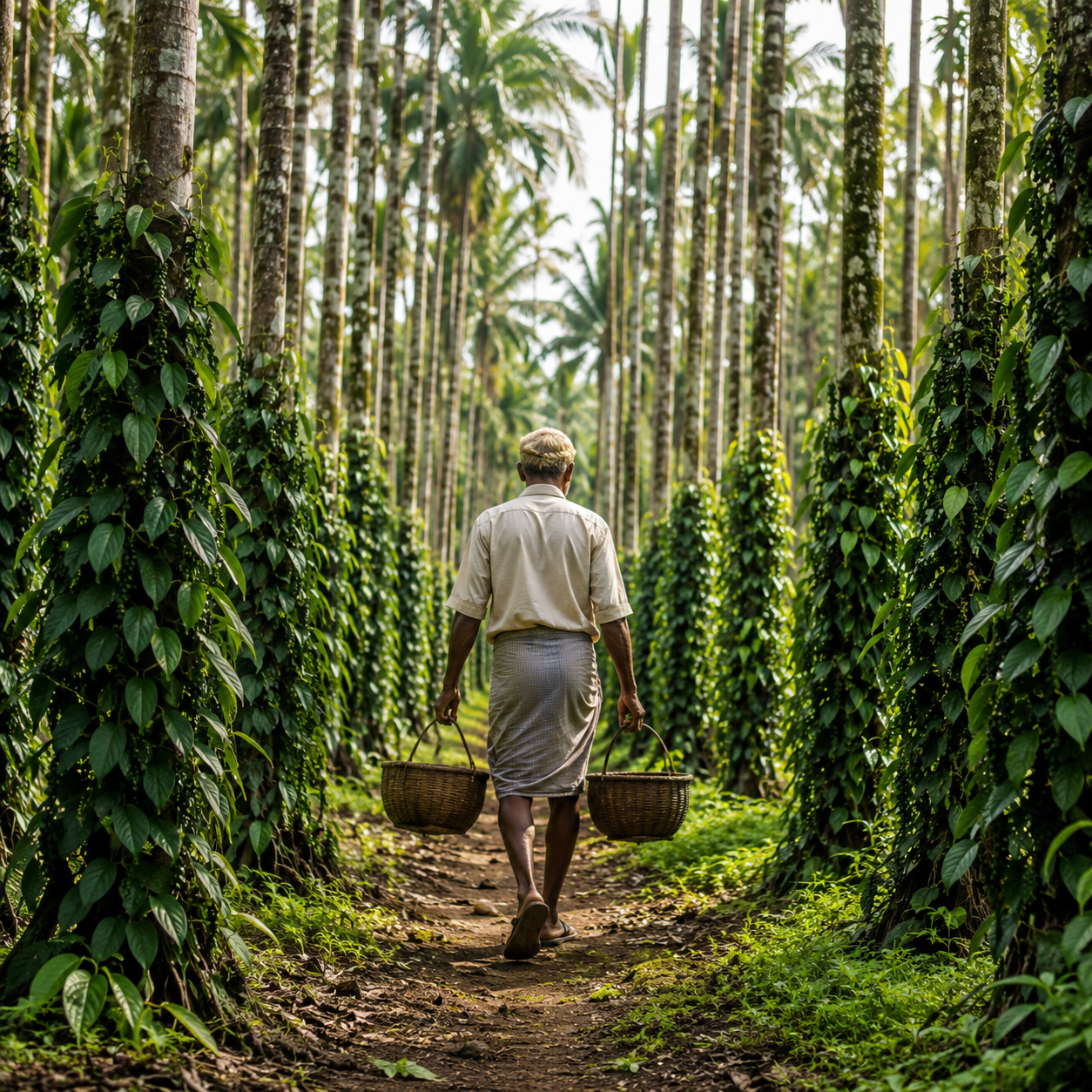 Kerala farmer walking through a pepper plantation