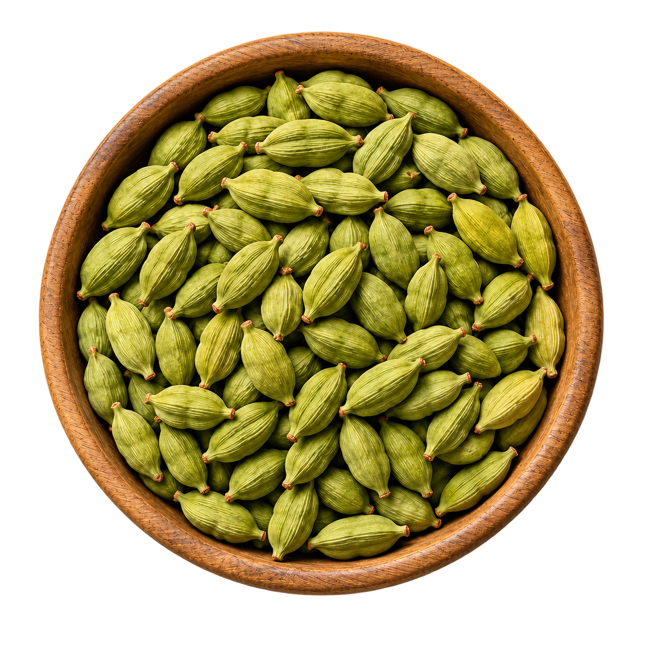 Green cardamom in a wooden bowl