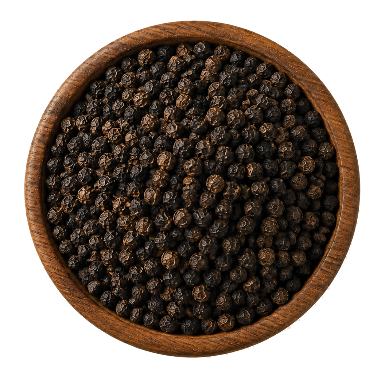 Black peppercorns in a wooden bowl